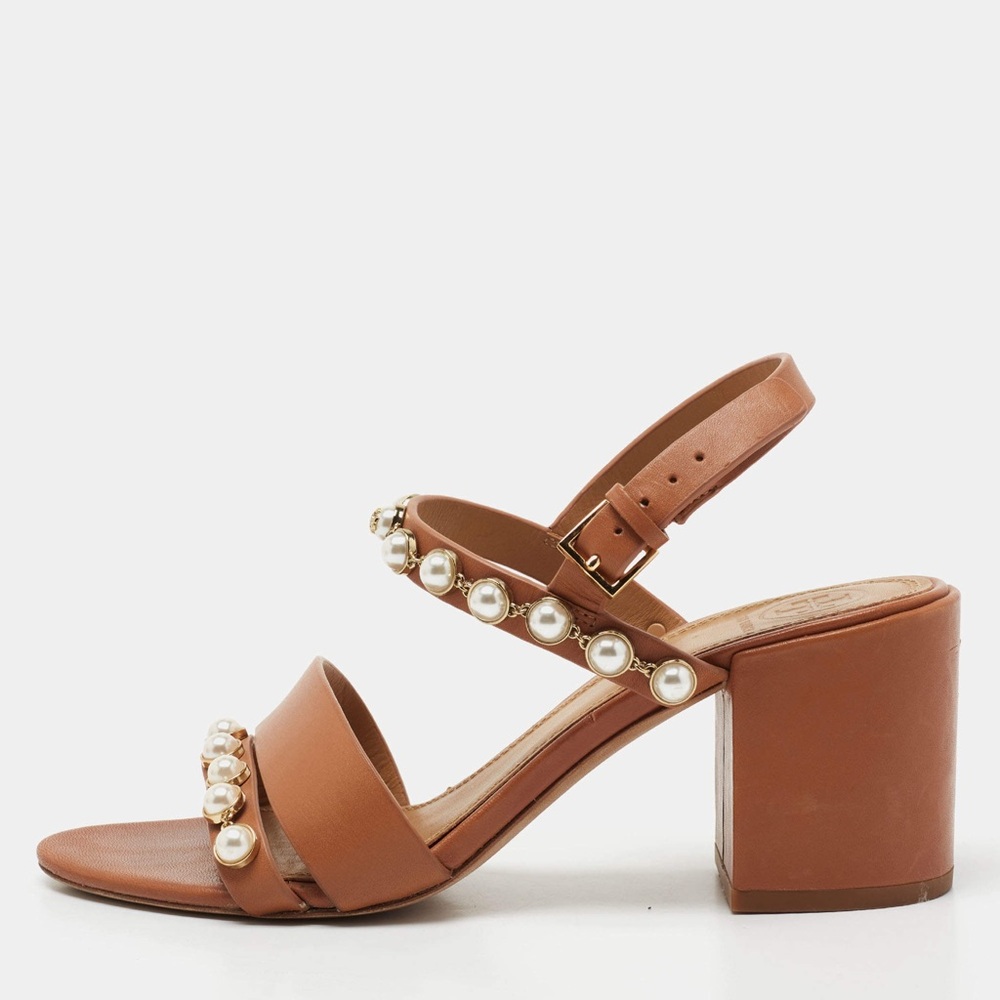 Tory Burch Tan Sandals with Block Heel and Stud Embellishments